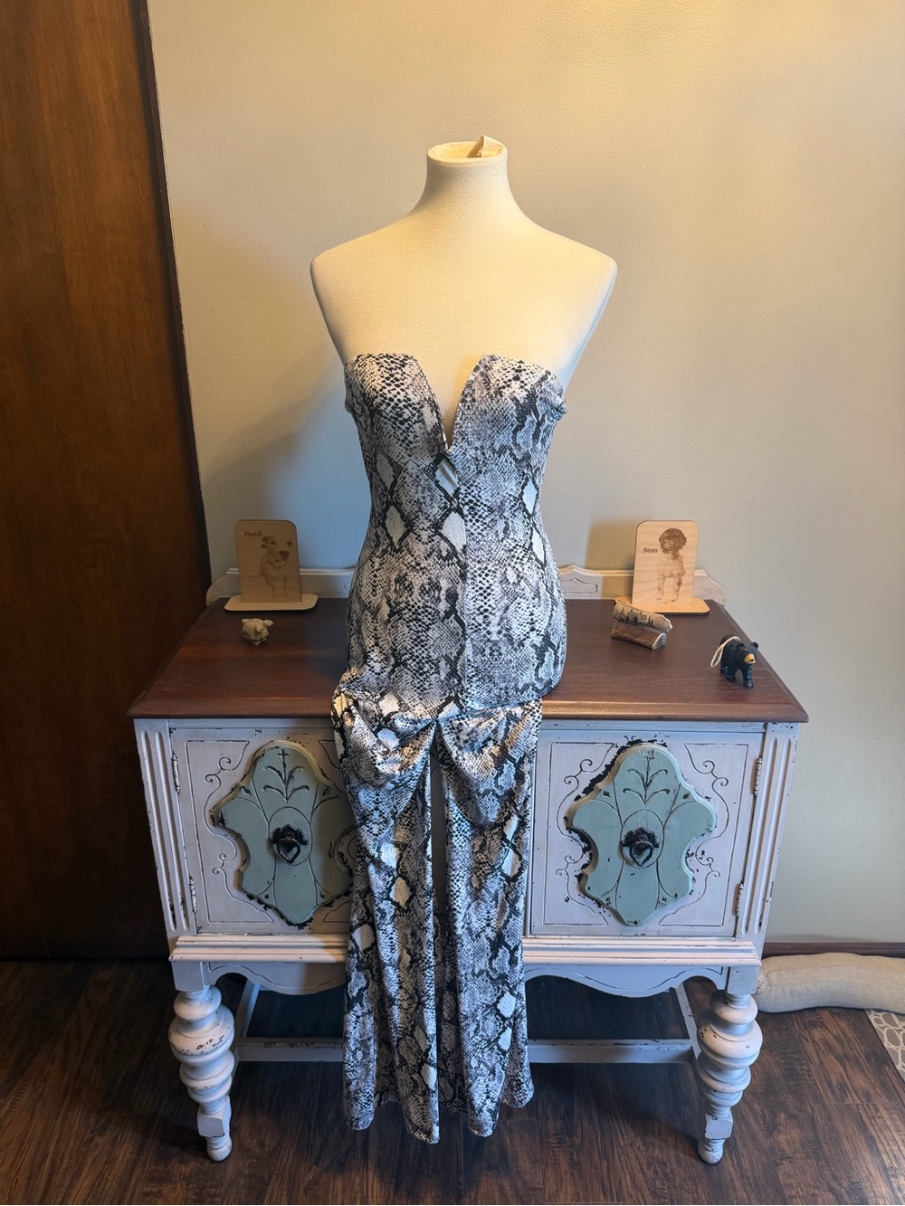 Snakeskin print bodysuit with deep V